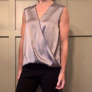 Joie Satin Draped Faux Wrap Blouse Top Silver Gray V-Neck Sleeveless Size Medium